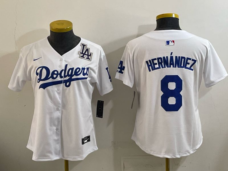 Women 2026 Nike Los Angeles Dodgers #8 Hernandez White Game MLB Jersey 03